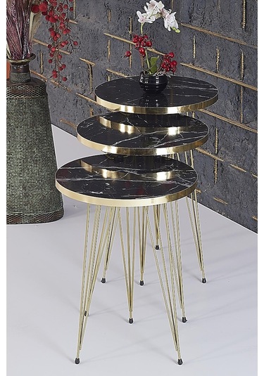 Zigon Sehpa Takımı Yuvarlak Siyah Mermer Desenli Gold Tel Ayak