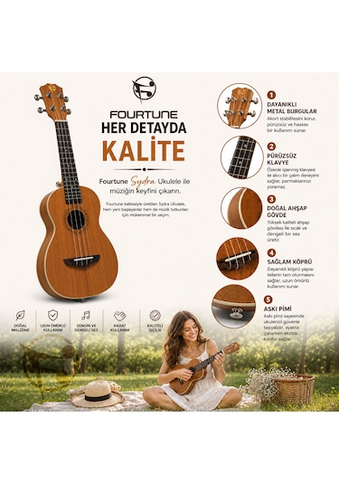 Fourtune Sydra Uks-23m Concert Ukulele Maun Ağacı Profesyonel Ukulele Seti