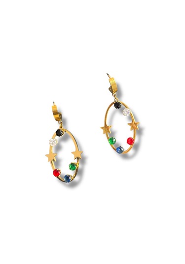 Kırmızı Sanat Evi Karışık Renkli Sallantılı Yıldızlı Çelik Küpe