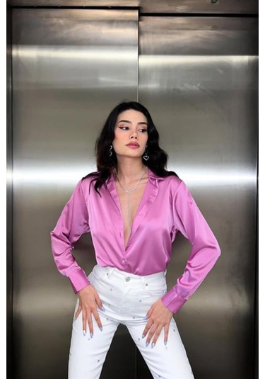 Pembe Saten Gömlek Karışık Çok Renkli