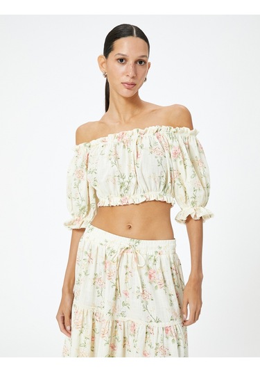 Koton Crop Straplez Atlet Çiçekli Fırfırlı Pamuklu Slim Fit Pembe Desenli 4sak30062ew Pembe