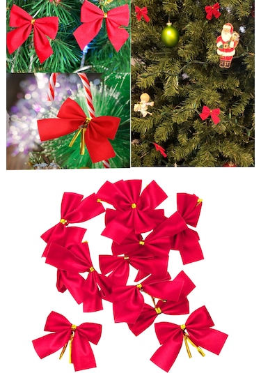 12 Adet Kırmızı Yılbaşı Çam Ağaçı Fiyonk Kurdele Yeni Yıl Noel