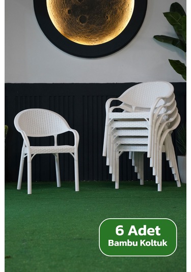 Alezy Bambu Rattan Kollu Koltuk 6 Adet Beyaz