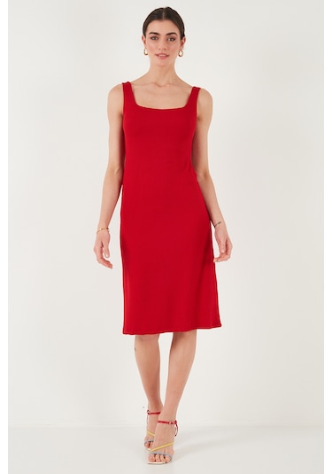 Lela Streç Slim Fit Kare Yaka Kalın Askılı Midi Boy Bayan Elbise 5866102 Kırmızı