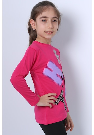 Hçm Kız Çocuk Uzun Kollu Tshirt Pullu Harf Baskılı Bisiklet Yaka E9 Fuşya