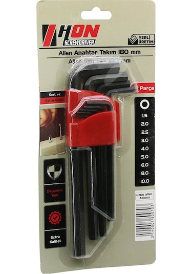 9pcs Siyah Uzun - Düz 180mm Alyan Allen Anahtar Takımı Brkt-80070