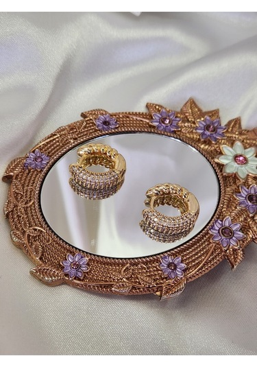 Halka Minimal Zarif Zirkon Taşlı Altın Kaplama Gold Renk Çelik Küpe