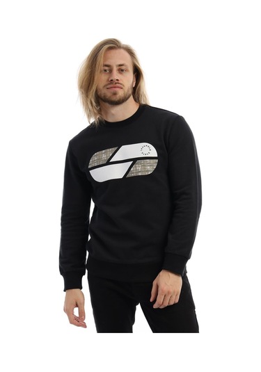 Erkek Polo State Baskılı Bisiklet Yaka Sweat Siyah