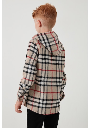 Lela Kapüşonlu Çift Cepli Ekoseli Oduncu Erkek Çocuk Gömlek Cf25W81786 Bej