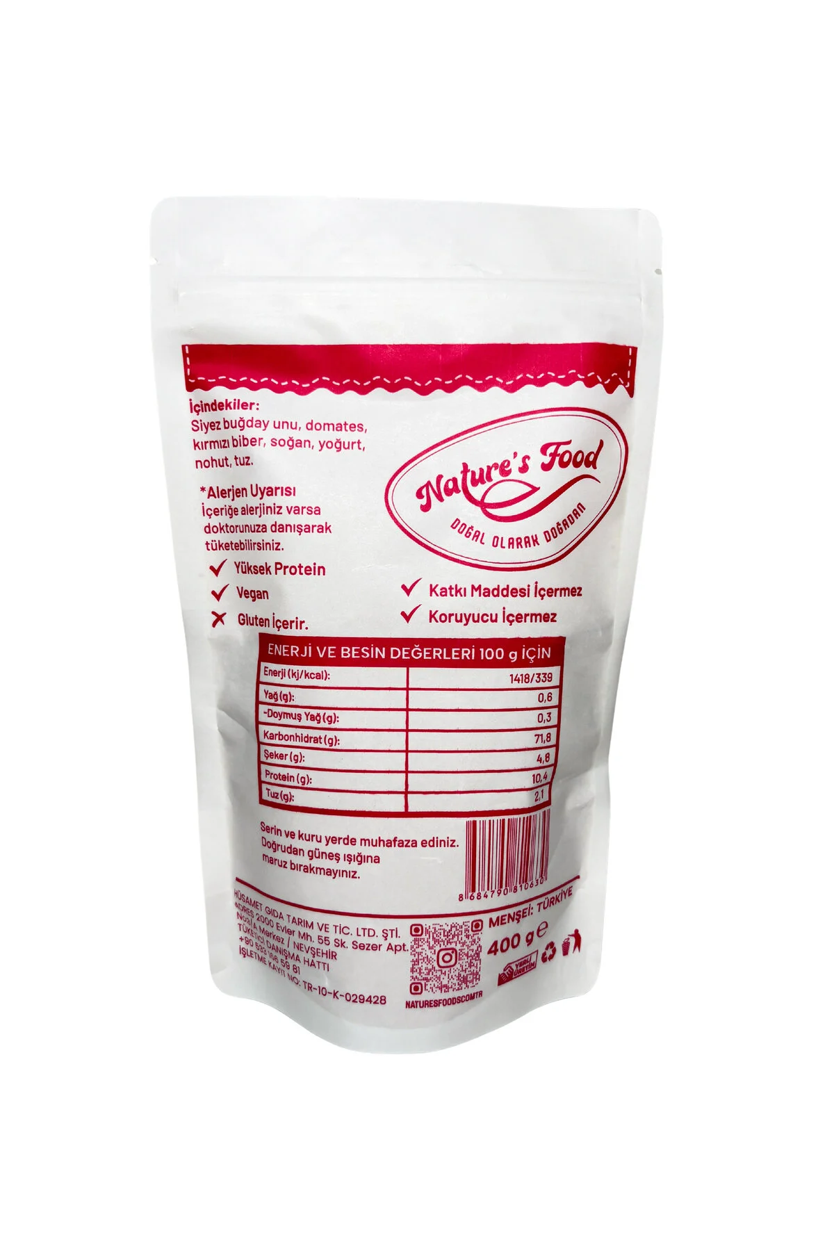 Siyez Tarhana 400g Siyez Buğday Unu, Domates, Kırmızı Biber, Soğan, Yoğurt, Nohut, Tuz.