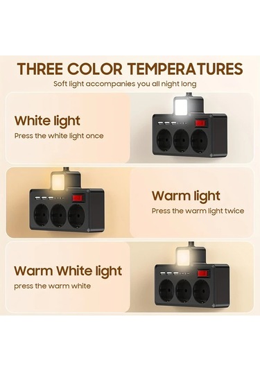 Xuweiwei 8 İnç Siyah Gece Lambası 3 Renk Ayarlanabilir Parlaklık 3 Ac Soket 3 Usb 2 Tip-c Duvar Şarj İstasyonu Ev Ofis Seyahat İçin