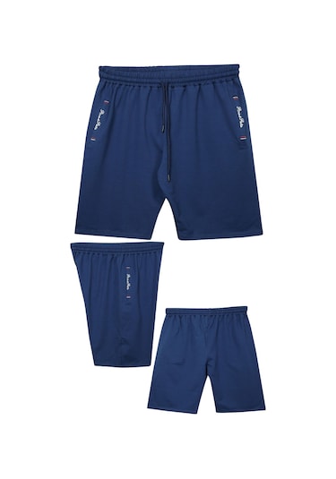 Büyük Beden 110 - 155 Kilo Arası İçin Uygun Bedenli Cepleri Nakış Detaylı Likralı Penye Erkek Şortu Koyu Mavi