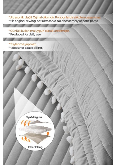 Evlen Home Collection Ponponlu Çift Kişilik %100 Pamuk Yatak Örtüsü Pike Takımı Gri