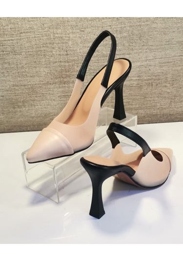 New Angel 897 Kadın Topuklu Şeffaf Detaylı Arkası Açık Ayakkabı Ten - Siyah