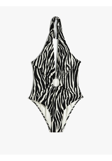 Koton Halter Yaka Mayo Zebra Desenli Derin V Yaka Pencere Detaylı Siyah Çizgili 4sak20110mm Siyah