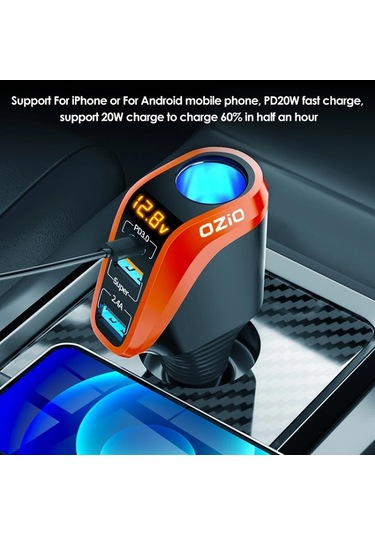 Sones Ozio Dy48tc 188w Type-c + Usb Çift Bağlantı Noktalı Çok Fonksiyonlu Araç Şarj Cihazı, Çakmaklı Turuncu