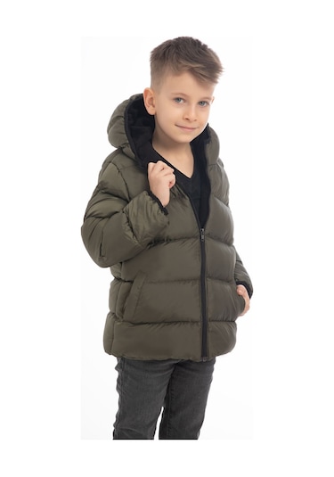 Erkek Çocuk Haki Içi Polarlı Kapüşonlu Su Geçirmez Rüzgara Dayanıklı Şişme Kışlık Mont Haki