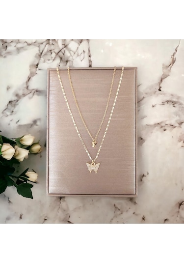 Çift Katlı Kadın Kelebek Kolye - Kararmaz Altın Kaplama