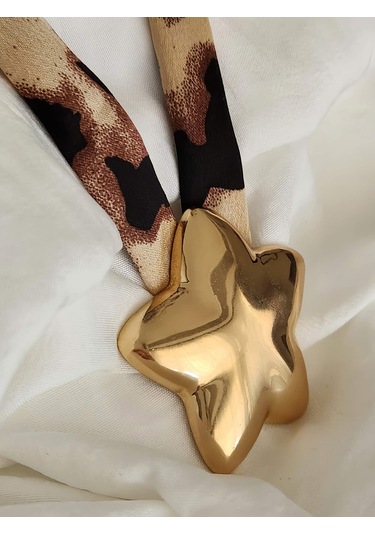 Leopar Desen Bombeli Büyük Yıldız Model Kumaş Detaylı Kolye 46cm Kahverengi - Siyah