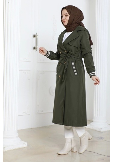 Bondit Kumaş Ribanalı Uzun Boy Trençkot / Haki - M0110 Haki