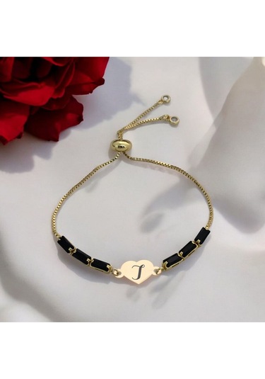 Archin I Harfine Özel 14 Ayar Altın Plakalı Kalp Figürlü Siyah Taş Desenli Hediye Bileklik-351harf I