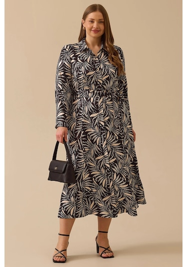 Galaxi Kadın Büyük Beden Desenli Kuşaklı Saten Elbise 4016 Siyah Siyah