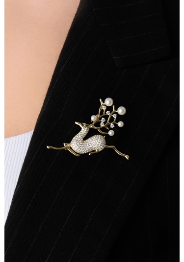 Ren Geyiği 18 Ayar Sarı Altın Kaplama Gümüş Broş Sarı Altın Kaplama