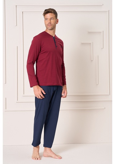 Erkek Pamuk Uzun Kol Pijama Takımı 4104 Bordo Bordo