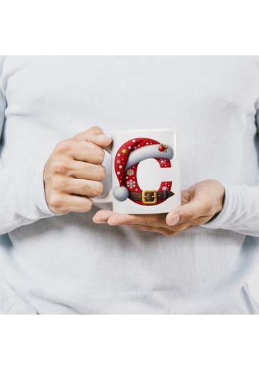 C Harfi Yılbaşı Temalı Bardak 330 Ml Harfli Kişiye Özel Hediye - Yeniyıl / Noel Şapka Tasarım Beyaz