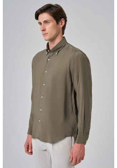 Morven Erkek Haki Trend Düz Desen Dynamic Fit Düğmeli Yaka Gömlek 25ms004030710 Haki Haki
