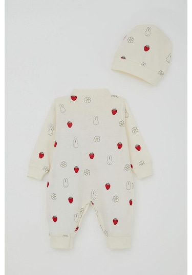 Breeze Kız Bebek Tulum Sevimli Tavşancık & Çilek Desenli 0-6 Ay, Ekru Ekru