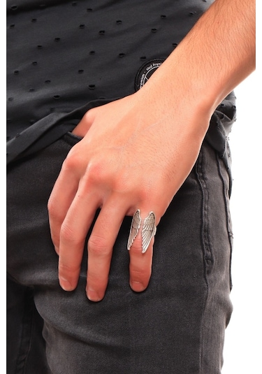 Erkek Antik Gümüş Kaplama Ayarlanabilir Melek Kanadı  Yüzük Gümüş