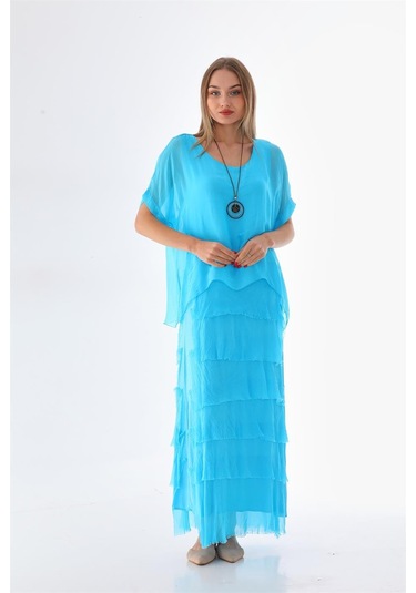 İtalyan 2 Beden İnce Gösteren Yarım Kol Kat Kat Ipek Elbise Turkuaz