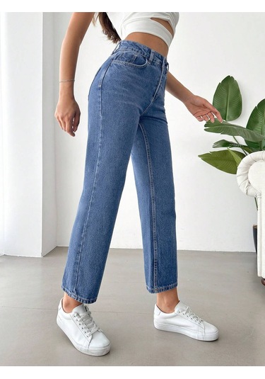Yüksek Bel Koyu Yıkamalı Kadın Denim Pantolon Mavi