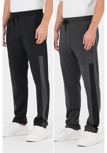 Erkek Siyah-Antrasit Standart Fit Normal Kesim Düz Paça Cep Fermuarlı Rahat Jogger 2'li Eşofman Altı Siyah - Antrasit