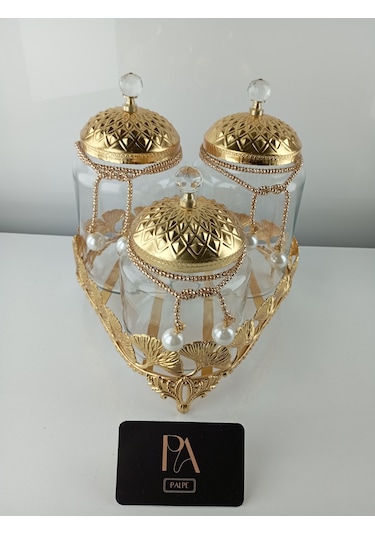 Çay Kahve Şekerlik Kavanoz Sunumluk Söz Nişan Kız İsteme Çikolatalık Dekoratif Obje Biblo Süs Eşya Üçgen Altın