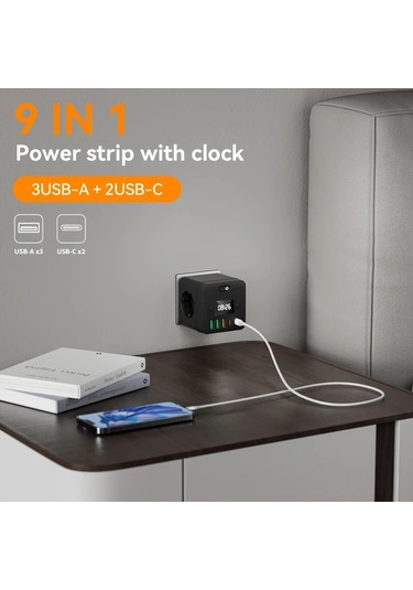 Motion003 9'lu Çoklu Fişli Saat Priz Adaptörü 3 Usb Portu Aşırı Yük Koruması Ev Ofis İ