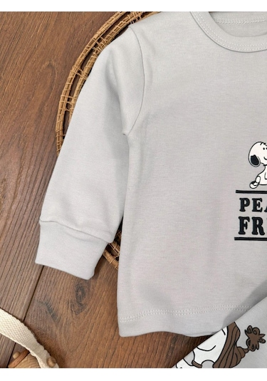 Bisiklet Yaka Peanuts Friends Baskılı Alt Üst Pijama Takımı 4bb2 Gri