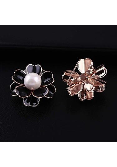 Kadınlar İçin Çiçek İnci Emaye Broş Pins Bayan Takıları Siyah