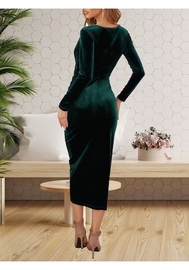 Tua Moda Kadın Uzun Kollu Kruvaze Yaka Belden Büzgü Detay Midi Kadife Elbise Yeşil