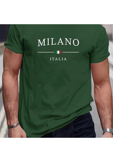 Guılan Erkek Milano Baskılı Pamuk Tişört - Yazlık Rahat Kısa Kollu Üstgreen Green