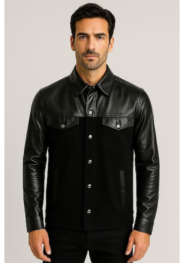 Ncs Jeans Erkek Gömlek Suni Deri Ve Triko Karışımlı Overshirt Siyah 7348 Siyah