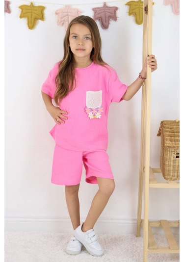 Örme Nakışlı Müslin Şort Takım Pembe