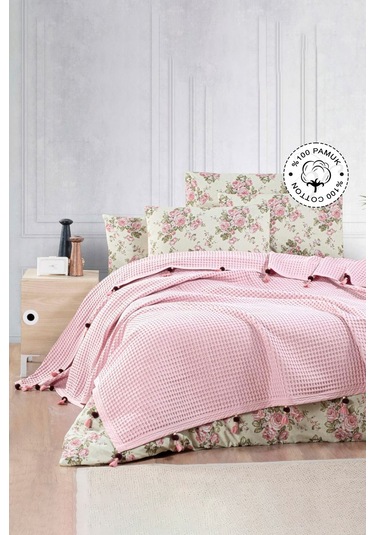 Vionel Home Pamuklu Waffle Desen Ponponlu Çift Kişilik Pike Pembe