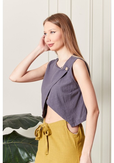 Şık Farklı Tarz Asi Keten Bluz - Modern Ve Cesur Tasarım Antrasit