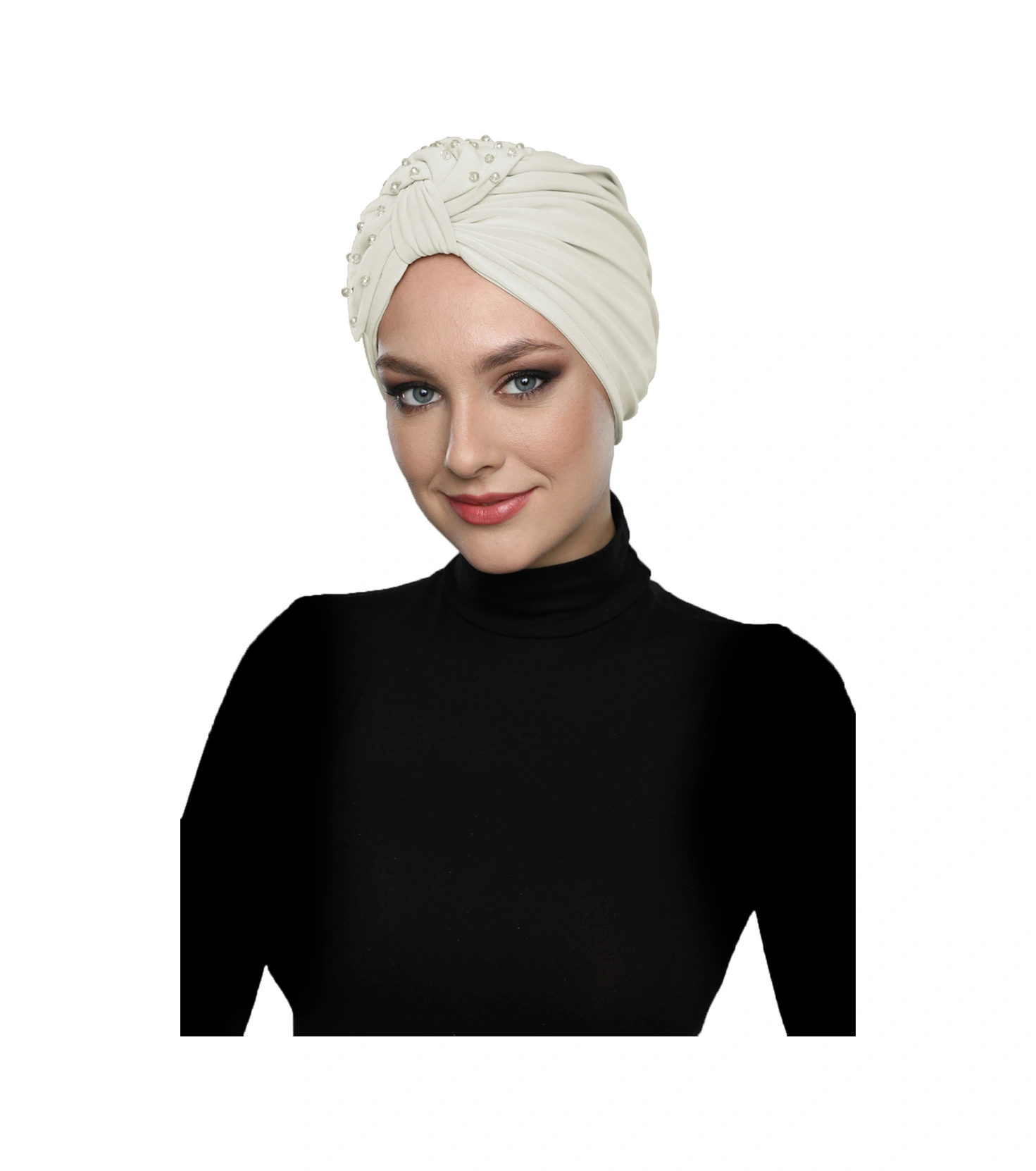 Kristal Yelpaze Taş Işlemeli Çift Taraflı Astarlı Krem Hazır Türban Tesettür Abiye Bone Krem