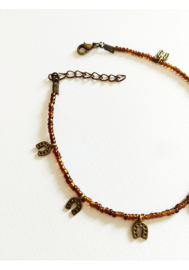 Başka Sanatlar H184 Nal Sembollü Boncuklu Halhal Kahverengi - Antik Sarı