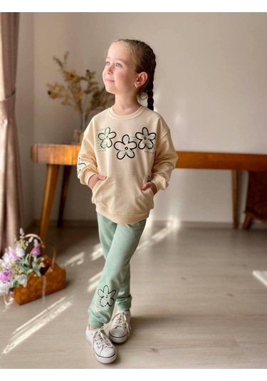 Çiçekli Kanguru Cepli Kız Çocuk 2'li Takım Yeşil