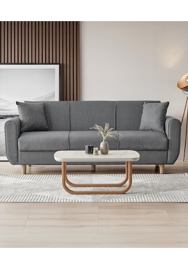 Flavia 3'lü Kanepe Salon, Oturma Odası Yataklı Bazalı Krem Koyu Gri