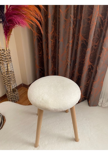 Ahşap Ayak Dekoratif Peluş Puf Tabure Beyaz
